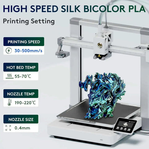 3D printer with Silk Dual Color PLA Filament For 3D Printers 1.75mm Tolerance 0.03mm 1kg Spool Two Tone Blue Green Coextruded Silk Finish