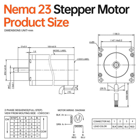 Dimensions and wiring diagram of Nema 23 Stepper Motor With 1.8 Degree Step, Beefy Workhorse 2 Phase High Torque 3.5Nm, Bipolar 4-Lead Cable