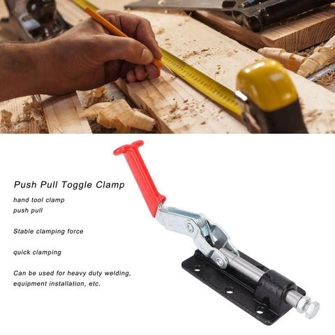 Push Pull Toggle Clamp With Quick Release For Easy Setup No Fuss And Stable Clamping Force The All Around Fixing Fixture For Woodworking Jigs Pocket Hole Jigs Metal Sheets Circuit Boards And Welding Projects Model 30607M on wooden workbench with screws and tools