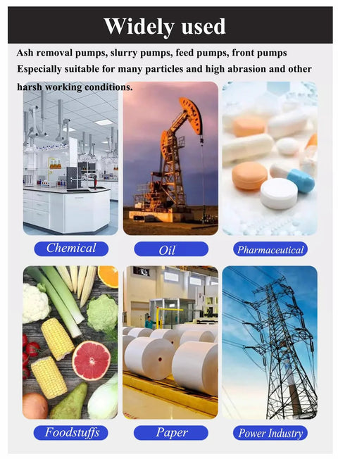 Graphite braided compression packing collage showing uses in chemical, oil, pharmaceutical, foodstuffs, paper, and power industries.