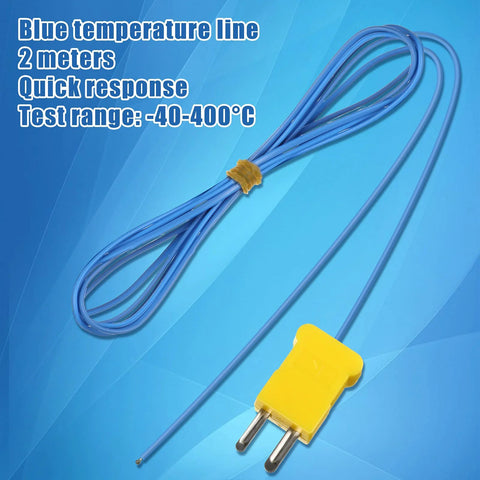 K-type thermocouple temperature sensor probe, 2 m blue wire with yellow mini-connector, -40 to 400°C