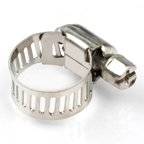 Stainless steel hose clamp with slotted band and tightening screw, adjustable inner diameter 10–16 mm.