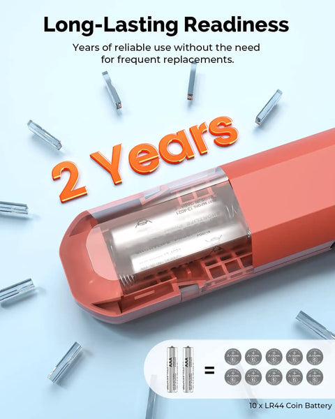Close-up of Digital Tire Pressure Gauge T300 showing accessible AAA batteries in rugged orange housing.