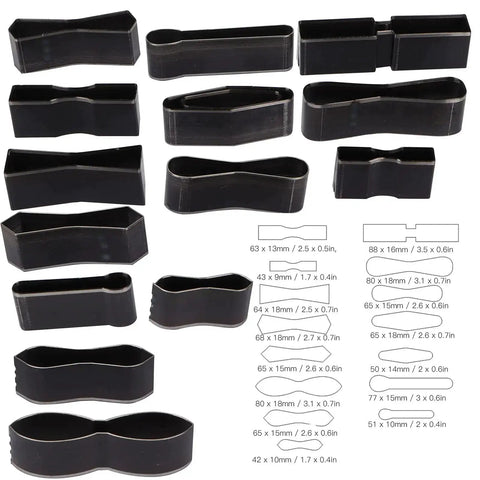 Pro Grade 15 Pcs Leather Cutting Dies Set With Hole Hollow Cutter Tools shown in various shapes and sizes for DIY crafting.