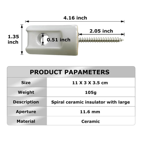 Dimensions and features of 25 Pack Heavy Duty Ceramic Lag Screw Fence Insulators For Wood Posts Porcelain Insulators For Wire Poly Rope And Tape Ultra Wide Hole 11.6 Millimeter Perfect Farm Fencing Setup.