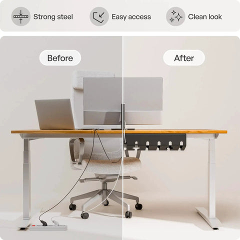 Before and after desk setup with Under Desk Cable Management Tray Set Of 2 With 10 Cable Ties, showing tidy cable organization.