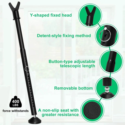 Security Bar And Sliding Glass Door Lock Adjustable Door Jammer With Interchangeable Caps And Rubber Tips Lightweight Portable Two Pack For Apartment Home And Travel Protection Black shown with features.