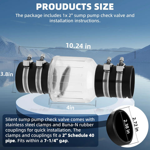 2 inch silent PVC check valve with clear body and stainless clamps for Schedule 40 pipe