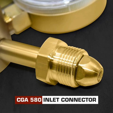 Close-up of CGA 580 inlet connector from High Pressure Nitrogen Regulator With 2.5 Inch Gauges CGA 580, Single Stage Outlet 0-4500 PSI.