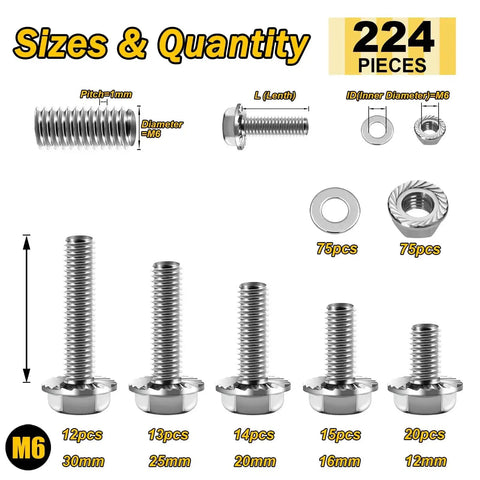 224Pcs M6 Flange Bolt Set With Hex Heads Flange Nuts And Washers 304 Stainless Steel M6x1.0 Threads Includes 12 16 20 25 30mm Lengths Metric DIN 6921 Bolts Durable Corrosion Resistant Hardware Kit diagram