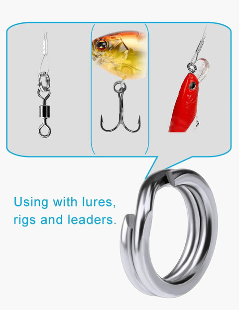 250 Piece Stainless Steel Fishing Split Rings Assortment Kit, Double Flat Wire Snap Ring Lure Tackle Connectors with lures, sizes 9 to 5