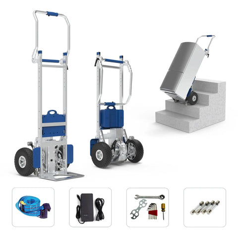 Front view of electric stair climber hand truck by Amazon; silver aluminum frame with blue accents; two units shown