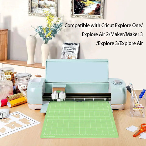 12x12 Inch Standard Green Grip Cutting Mat For Cricut Explore One Air Air 2 Maker 8 Pack Non Slip Adhesive Replacement Mats displayed in a cutting machine, compatible with Cricut Explore models.