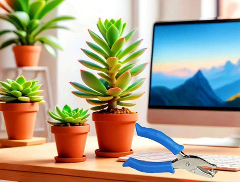 1/4 Inch Single Hole Punch Handheld Paper Punch with Soft Grip Handle on desk near computer and potted plants, blue grip