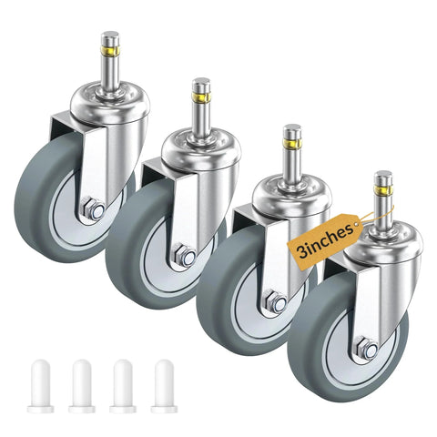 3 Inch Swivel Stem Caster Wheels Set of Four Heavy Duty Seven Sixteenth Inch Stem Diameter TPR Rubber Replacement Castors