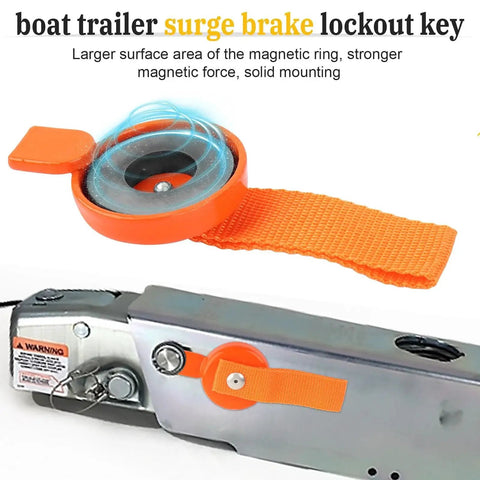 Orange surge brake lockout key with release strap; magnetic ring, 2-pack for UFP-type boat trailer surge brakes.