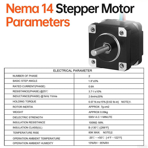 Nema 14 Stepper Motor 1.8 Degree 2 Phase High Torque 7Ncm Bipolar 4-Wire With 1M Cable detailed parameters chart image