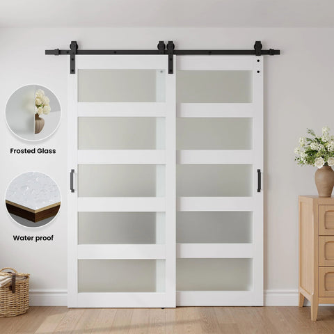 Double Bypass Barn Door With Frosted Glass And White Waterproof PVC Finish Includes Six Point Six Feet Track Hardware Kit Premium MDF Panels For Space Saving And Easy Assembly Fits Thirty Six By Eighty Four Inch Openings installed view