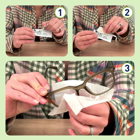 Person cleaning glasses with Premoistened Lens Wipes For Glasses And Sunglasses Streak Free 400 Count, step-by-step use.