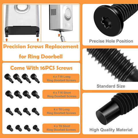 Screwdriver kit showing 16 screws and dual-ended Torx T6 and T15 bit set for Ring Video Doorbell, installation, focus on precision.