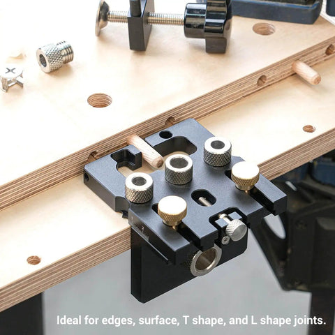 3 In 1 Woodworking Drill Locator And Self Centering Doweling Jig For Cabinet And Furniture Assembly, shown installed on a wooden board, anodized aluminum, with 6mm 8mm 10mm drill adapters and 15mm eccentric wheel.