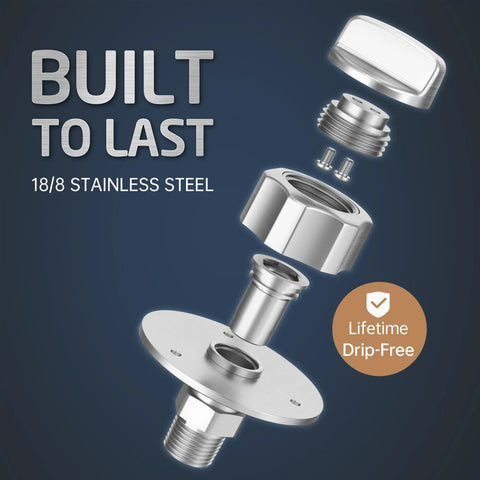 RV water inlet connection with check valve, all-metal 18/8 stainless steel, brushed finish, model RWI200-BS