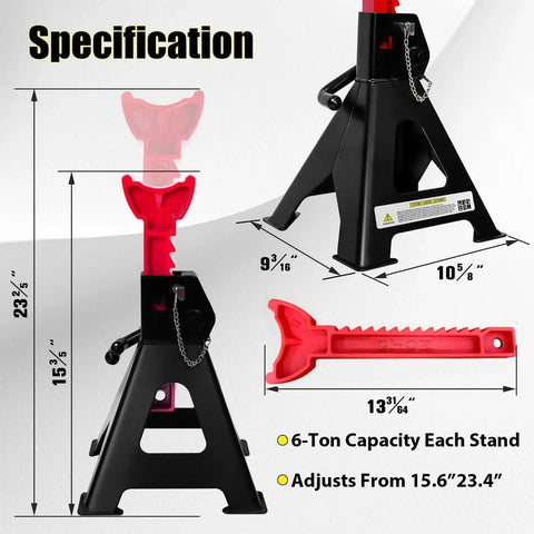 Diagram showing 6 Ton Adjustable Jack Stands With Double Pin Locking And Rubber Pads For Garage, highlighting 13 height levels.