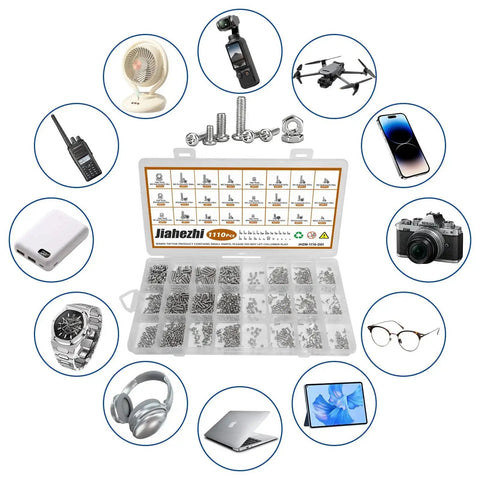 1110Pcs Stainless Steel Micro Screws And Nuts Set Metric M1 To M2.5 Sizes in storage case with electronic devices