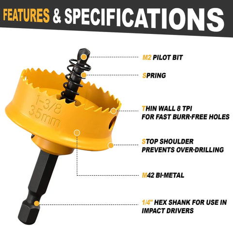 Heavy Duty Impact Hole Saw Set for Plumbers 3 Piece Thin Wall Kit With 1-3/8 Inch Hole, M42 High Speed Steel, features labeled