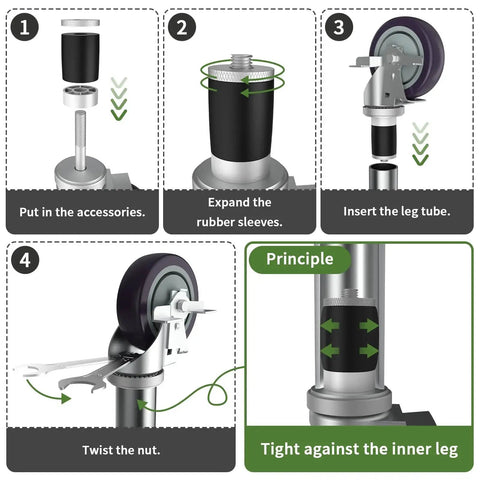 Assembly instructions for 4 Inch Prep Table Casters Set Of 4 With Brakes For Commercial Kitchen Tables, adjustable to 5.1 inches by OK5STAR.