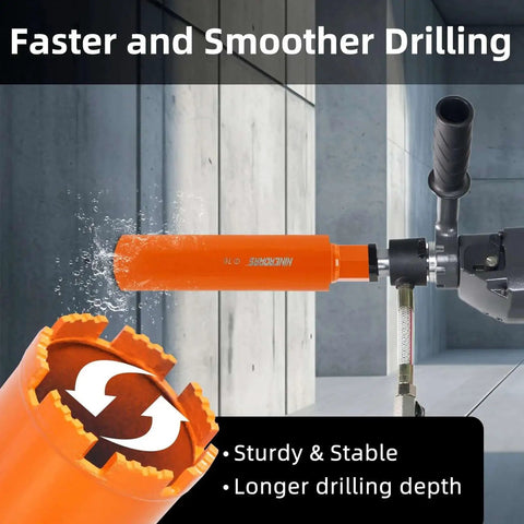 Three Inch Heavy Duty Wet Diamond Core Drill Bit For Concrete And Hard Masonry with drilling rig in use, side view