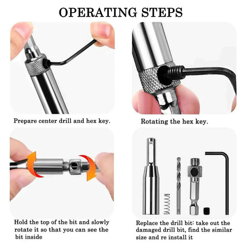 Operating steps for 4 Piece Self Centering Hinge Tapper Drill Bit Set For Woodworking Doors And Windows Opens Holes Fast In 5/64 7/64 9/64 And 11/64 Inches With High Speed Steel Bits And Precise Centering For Cabinet Hinges Door Jambs And Woodworking Projects