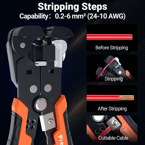 Stripping steps of All In One Ferrule Crimping Tool Kit with wire stripper, showing before and after cable stripping, 0.2-6 mm² capability.