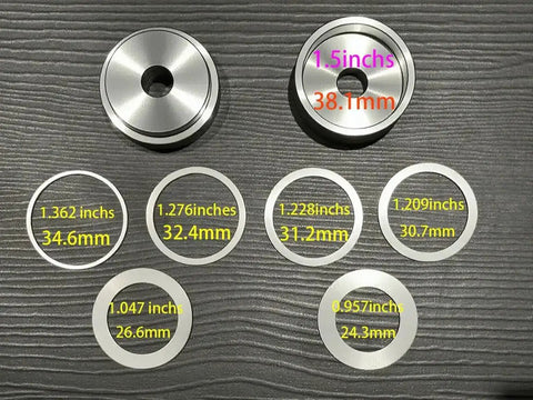 Coin Ring Puncher And Spacer Set For Jewelry Making With Six Spacer Rings In Inner Diameters Of 1.362, 1.276, 1.228, 1.209, 1.047, And 0.957 Inches displayed on table