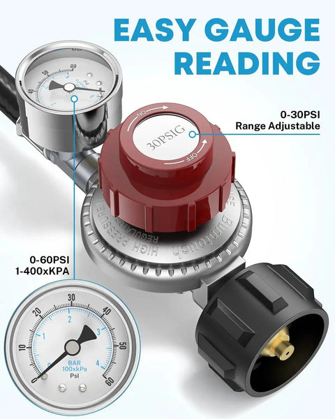 Adjustable 4 Ft Propane Regulator Hose Kit With Dual 0 To 30 PSI And 0 To 60 PSI Gauges Stainless Steel for outdoor use