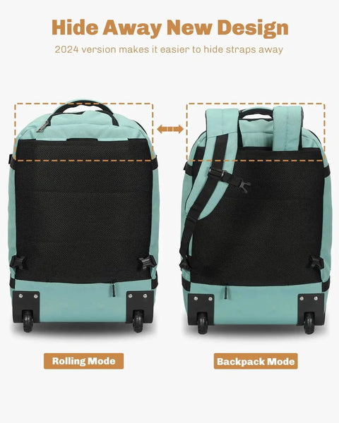 Rolling Backpack 42L With Wheels Airline Approved Carry On Luggage Laptop Travel Bag Mint Green Hide Away Design Mode Comparison
