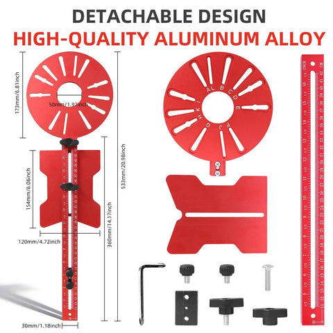 5 In 1 Router Circle Jig And Milling Groove Bracket For Woodworking Dope Aluminum Router Guide, red parts, measurement details