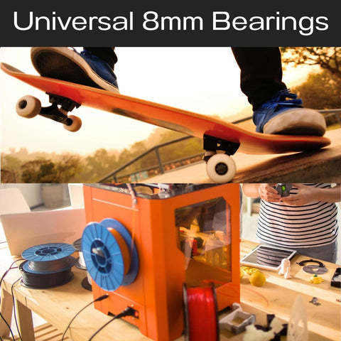 608ZZ bearings 8x22x7 mm, double shielded, shown on skateboard and at a 3D printer workspace, Amazon 100-pack