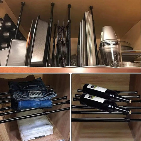 Cabinet with Two Piece Adjustable Window Security Bar for Sliding Glass Doors and Windows showing multiple uses and storage options.