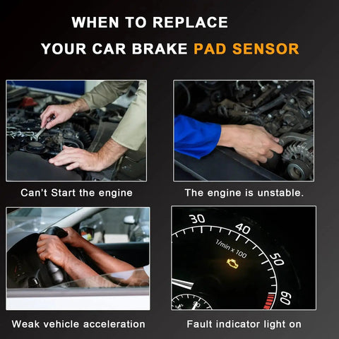 Brake pad sensor kit for BMW (E70/E71 X5/X6), front and rear, 2011-2016; collage showing engine symptoms and fault light.