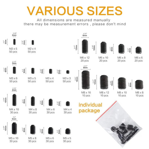 Internal Hex Drive Cup Point Screws Kit With 22 Sizes M2 To M8, 666 Pcs, 12.9 Grade Alloy Steel Black Finish, size chart and bag