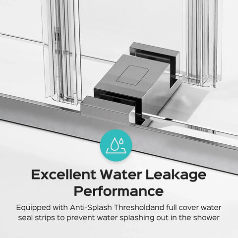 Close-up of Frameless Double Sliding Shower Door With Adjustable Widths From 56 To 60 Inches Or 68 To 72 Inches, 10mm Tempered Glass, highlighting waterproof seals and stainless steel hardware.