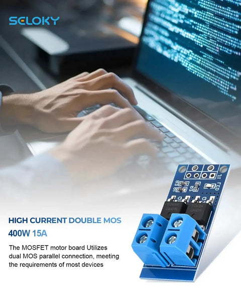 Six Piece Dual High Power MOSFET Trigger Switch Drive Module Kit With 0-20KHz PWM Adjustment shown next to laptop