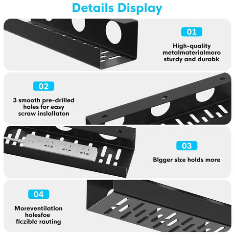 Details of Self Adhesive Under Desk Cable Management Tray 2 Pack Steel Wire Organizer with pre-drilled holes and ventilation design.