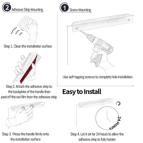 Installation guide for 4 Pack Matte Black Adhesive Edge Finger Pull 3 Inch Concealed Kitchen Cabinet Handle using adhesive and screws