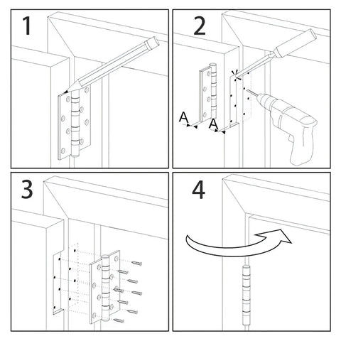 Door hinge, brushed nickel interior, 3.5 in x 3-1/2 in, being mounted to door edge.
Screwdriver drives screws into hinge plate on door jamb in brushed nickel hinge kit.
Hinge plates with screws installed on jamb; multiple fasteners shown for 12-pack kit.
Hinge installed securely; door is rotated for final alignment and tightening.