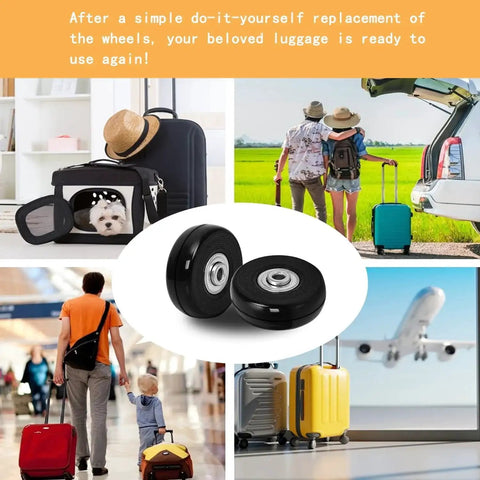 Replacement Wheels For Luggage Suitcase 50mm Diameter 8 Pc Wheel Set With 30mm, 36mm And 50mm Axles, 20 Pc Washers, 12 Pc Screws, 32 Pc Spacers, 8 Pc Axle Adapters, Hex Wrench And Gloves Durable Mute Rubber Swivel Casters Repair Kit displayed.