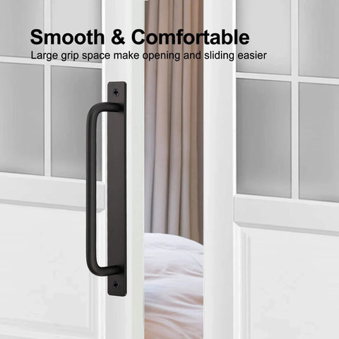 2 Pack Black Barn Door Handles With Plate For Sliding Closet Doors 7.5 Inch Hole Center 8.35 Inch Overall Length installed on door