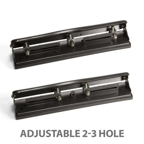 Adjustable Three Hole Punch For Office Documents With 11 Sheet Capacity Black Metal Punch Tool for home, school, and workplace use.