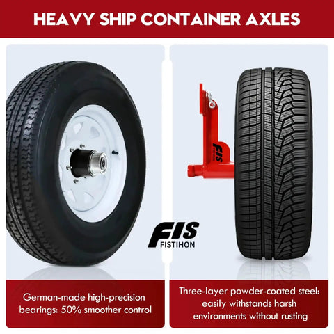 Heavy Duty Shipping Container Wheels Kit 2 Pack For 20 To 40ft Containers with German-made bearings and powder-coated steel axles.
